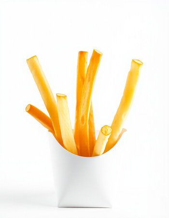 French fries in a paper box on a white background. Isolated