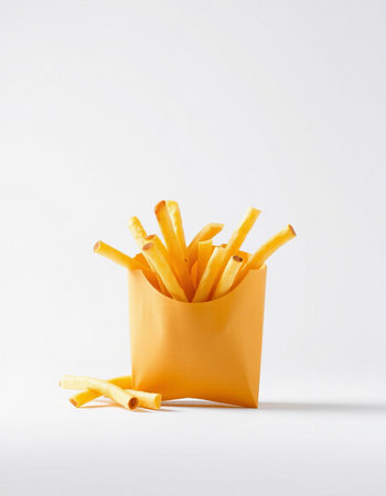 French fries in a paper bag on a white background. Fast food.