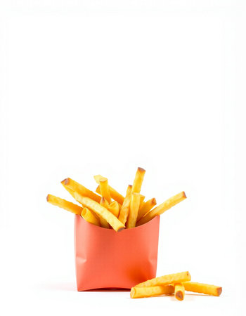 French fries in red box isolated on white background. Selective focus.の写真素材