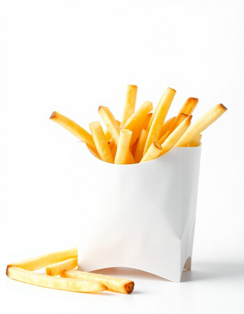 French fries in a white paper box isolated on a white background.の写真素材
