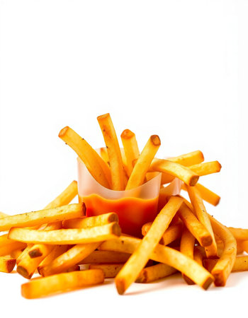 French fries on a white background. Shallow depth of field.