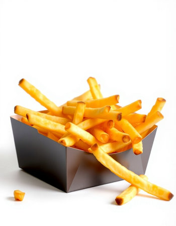 French fries in a box on a white background, close-up