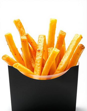 French fries in a black box on a white background. Isolated