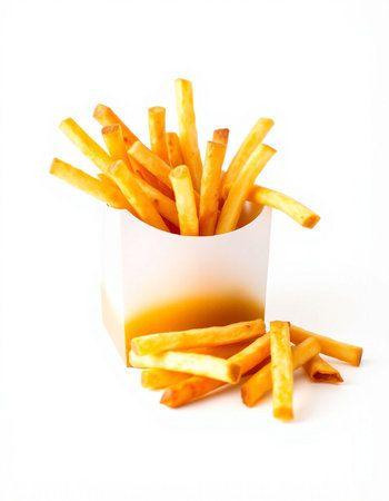 French fries in a paper box on a white background. Isolated