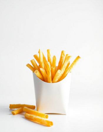 French fries in a white paper cup on a white background. Fast food.の写真素材