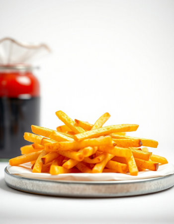 Golden French fries potatoes on a plate with tomato sauce on a white backgroundの写真素材