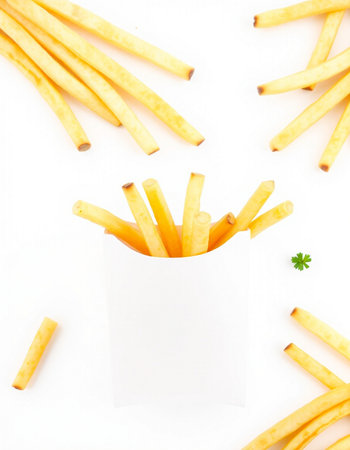 French fries with white paper isolated on white background. Top view.の写真素材