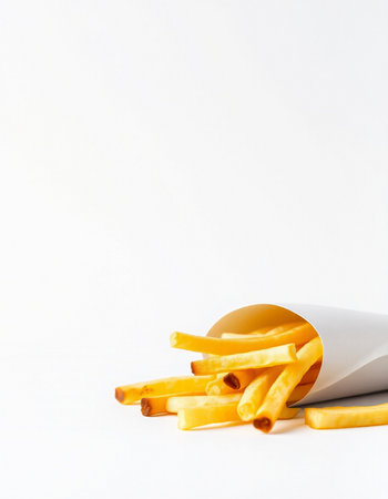 Golden French Fries in a paper cup on a white background.の写真素材