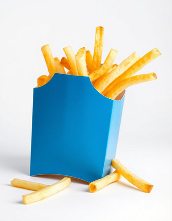 French fries in a blue box on a white background. Fast food.の写真素材