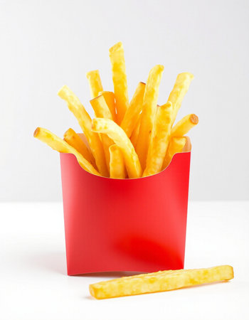 French fries in a red box on a white background, isolated.