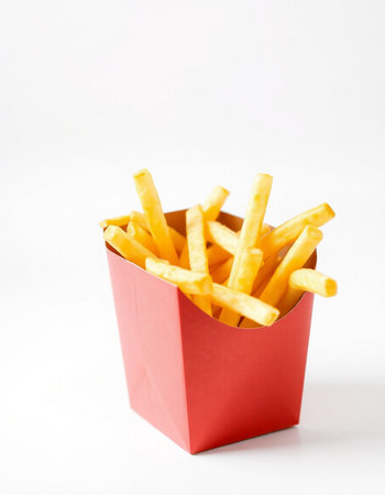 French fries in a red box on a white background, fast foodの写真素材