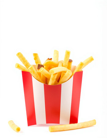 French fries in red box isolated on white background. Fast food.