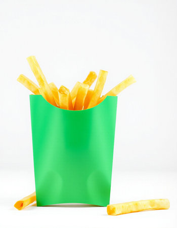 French fries in a green box on a white background. Fast food.の写真素材