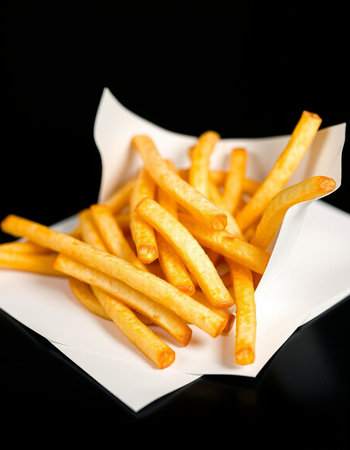 French fries on a black background. Shallow depth of field.