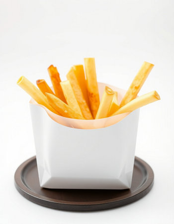 French fries in a white paper box on a white background, isolatedの写真素材