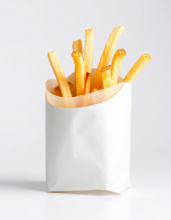 French fries in paper bag isolated on white background. Selective focus.の写真素材