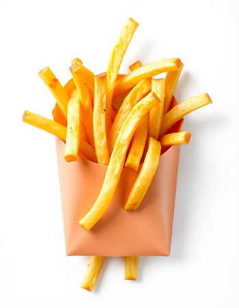 French fries in paper box isolated on white background. Fast food.