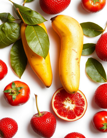 Bananas, strawberries and lemons on white background. Flat lay, top viewの写真素材