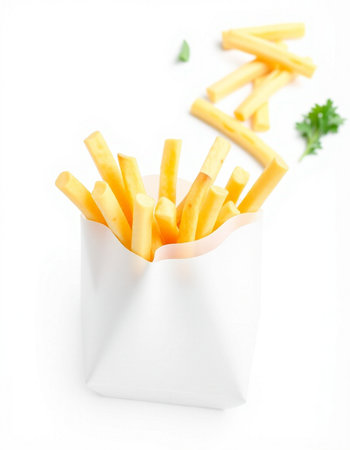 French fries in a paper box isolated on white background. Selective focus.の写真素材