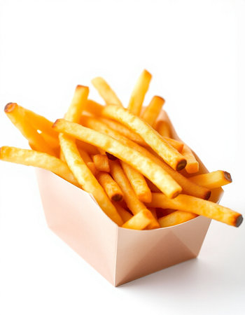 French fries in a paper box isolated on white background. Selective focus.