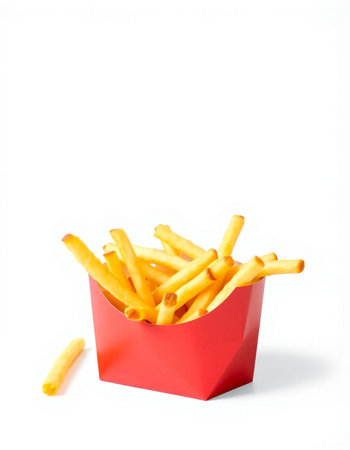 French fries in red box isolated on white background. Fast food concept.