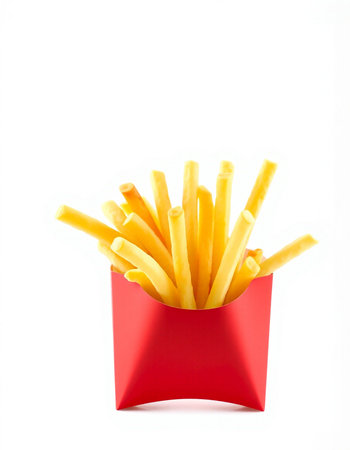French fries in a red box isolated on white background. Fast food.