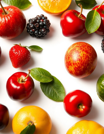Fruits and berries on white background, top view. Healthy food