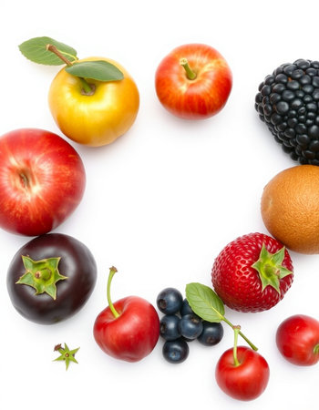 Fresh fruits and berries isolated on white background. Top view. Flat lay.の写真素材