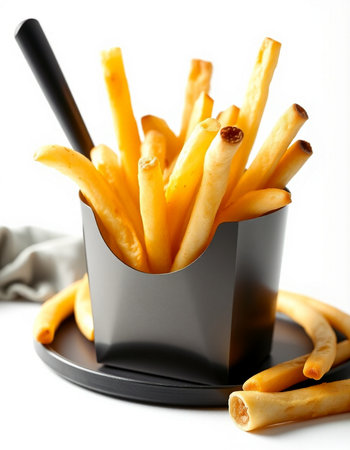 French fries in a black plastic cup on a white background, close-upの写真素材