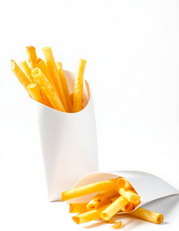 French fries in a paper box on a white background, close-up