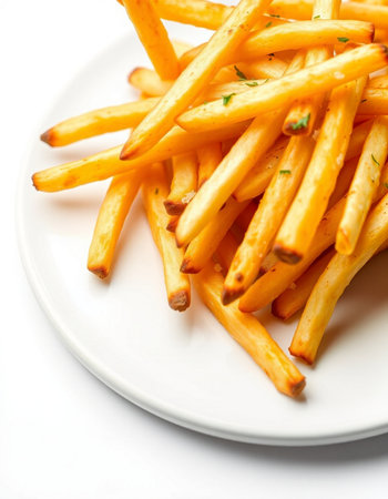 Golden French fries potatoes on a white plate. Selective focus.
