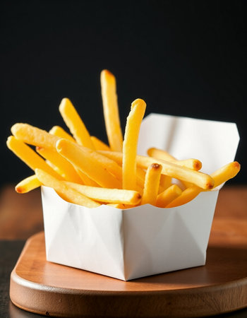 French fries in a paper box on a wooden board, selective focus