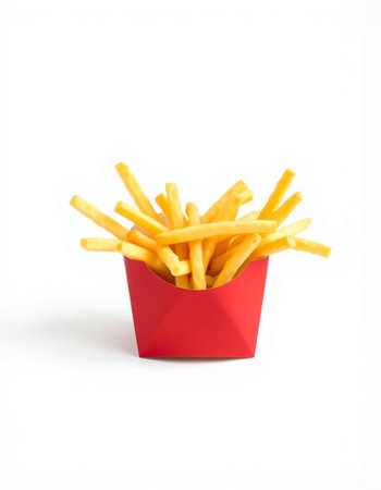 French fries in a red box isolated on white background with clipping pathの写真素材