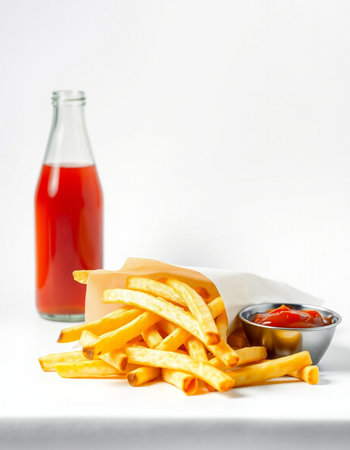 French fries and ketchup on a white background. Selective focus.の写真素材