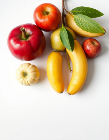 Fruits and vegetables on white background. Healthy eating concept. Top view.の写真素材