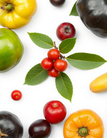 collection of fresh fruits and vegetables isolated on white background. top view