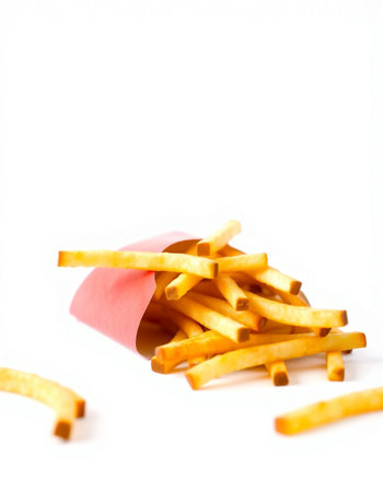 Pile of french fries isolated on white background. Selective focus.