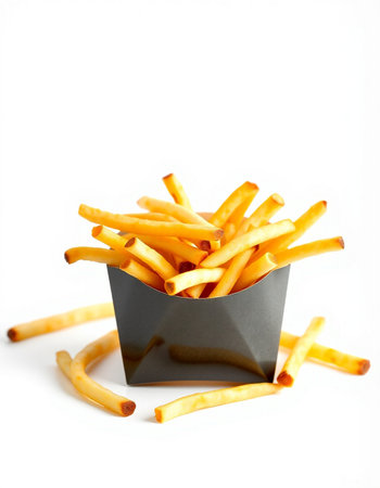 French fries in black box isolated on white background. Fast food.の写真素材