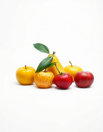 Fruits isolated on white background. Apple, pear, orange, strawberryの写真素材