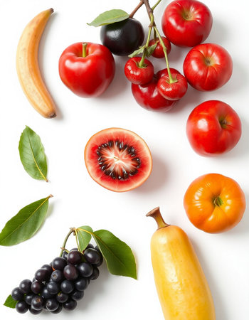 Composition with fruits and vegetables on white background, top view. Balanced dietの写真素材