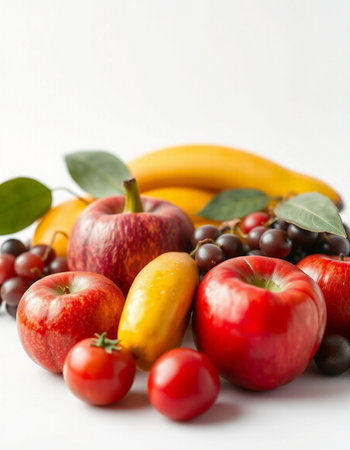 Fresh fruits and vegetables on a white background. Healthy food concept.の写真素材
