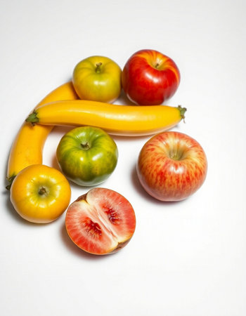 Fruits and vegetables on a white background. Apple, tomato, bananaの写真素材