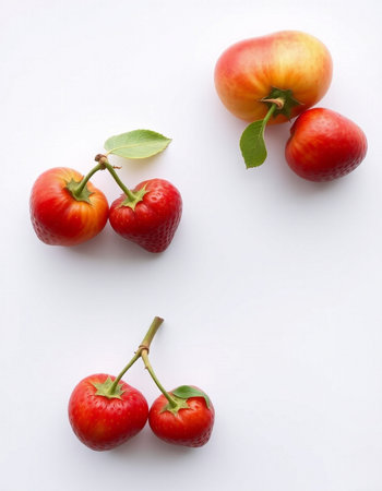 Red cherry on white background. Flat lay, top view, copy spaceの写真素材
