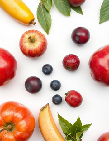 Fruits and vegetables isolated on white background. Flat lay, top view