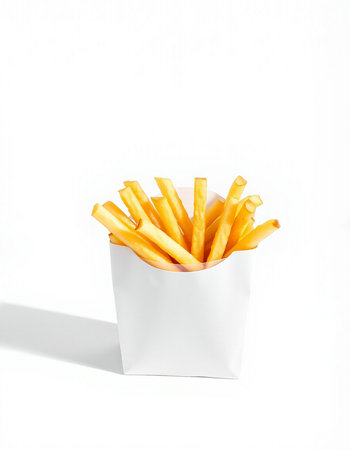 French fries in a white paper box on a white background with shadow