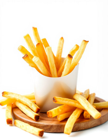French fries in a white bowl on a white background. Selective focus.