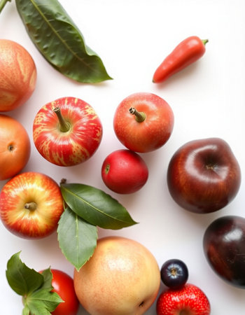 Fruits and vegetables on a white background. Flat lay, top view