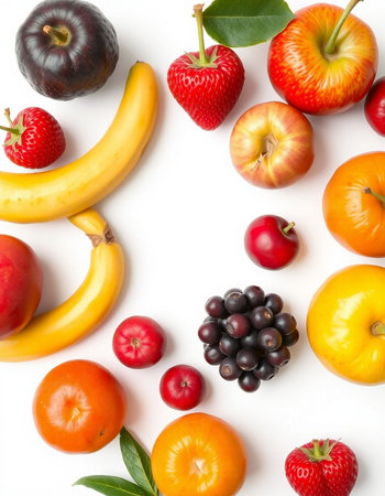 Fruits and berries on white background, top view. Flat lay