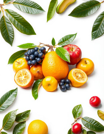 Fruits and leaves on white background. Flat lay, top viewの写真素材