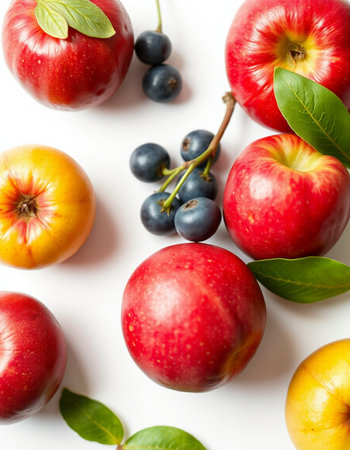 Red apples, blueberries and apricots on white background.の写真素材